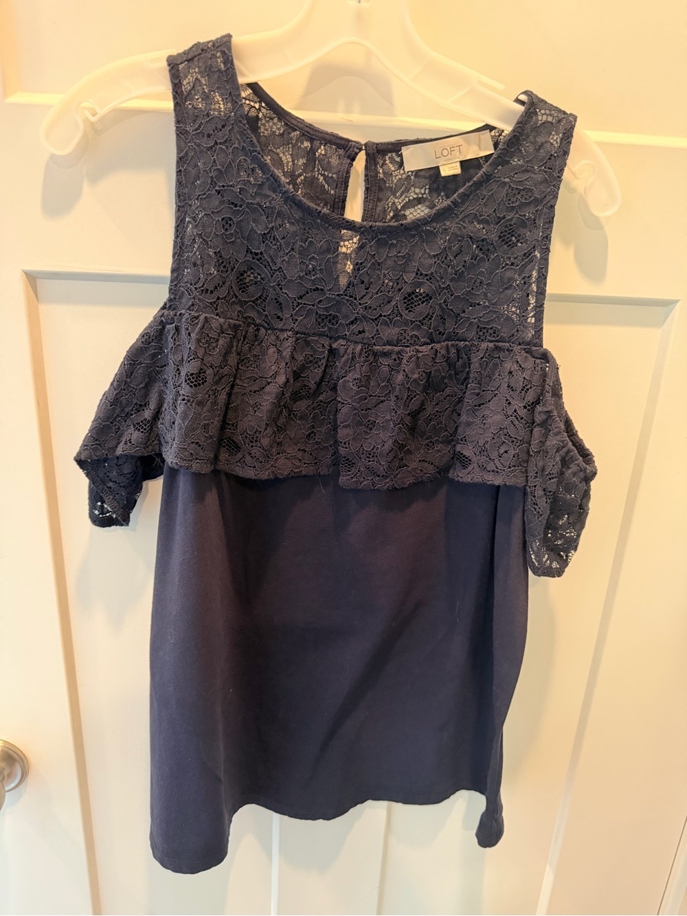 LOFT Navy Lace Peplum Cold Shoulder Top Size medium Feminine Boho Romantic